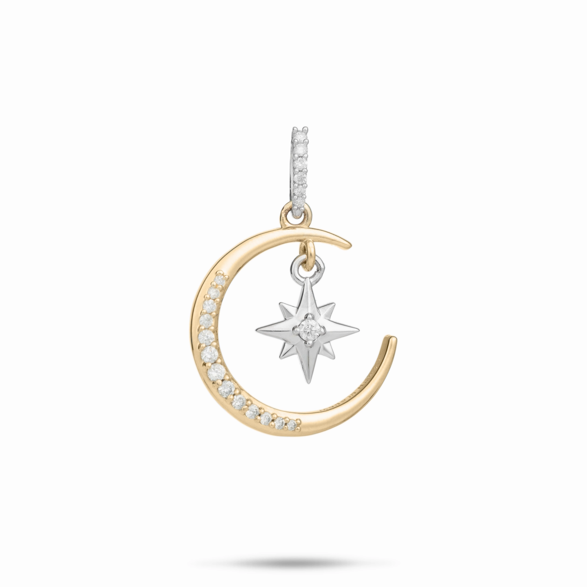 Minimalist Edge Moon & Star Mermaid Pendant in Two Tone Gold with Diamonds - 19.5mm