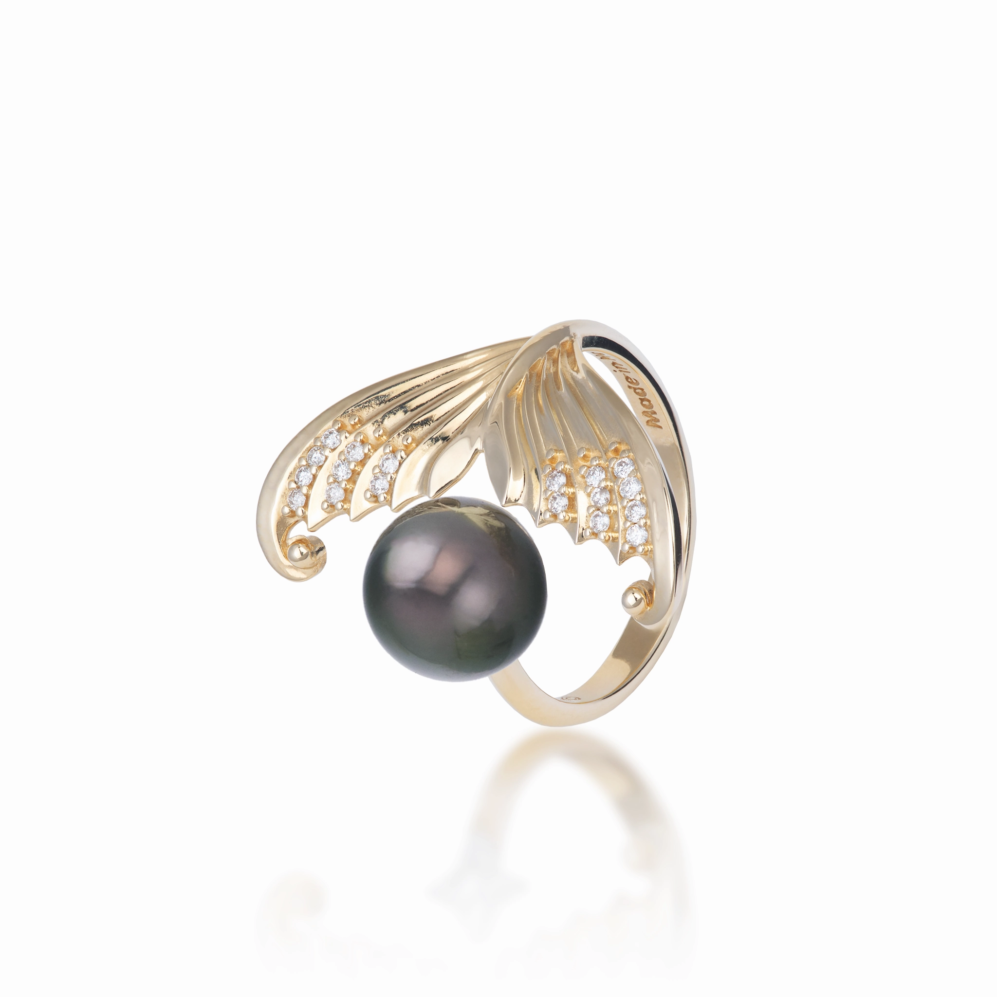 Moon Mermaid Tahitian Black Pearl Ring in Gold with Diamonds - 9-10mm Bold Fashion Premium Sparkle