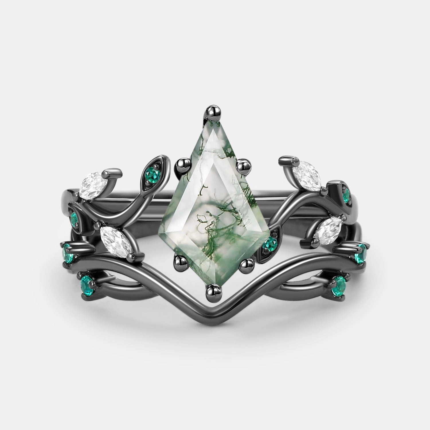 Natural Details Moss Agate & Emerald Unique Engagement Ring Set 2pcs