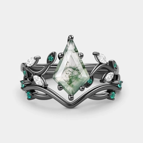 Natural Details Moss Agate & Emerald Unique Engagement Ring Set 2pcs