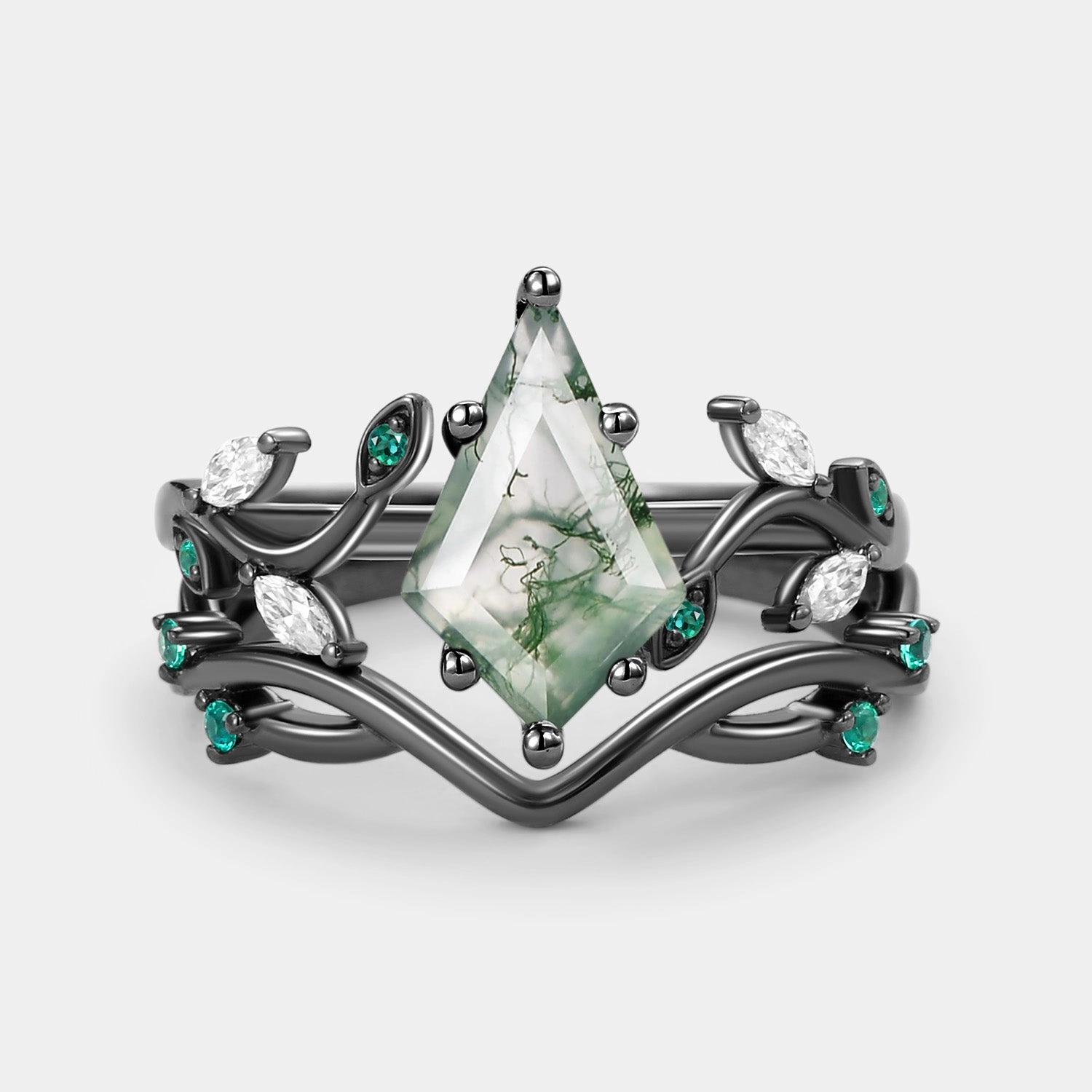 Versatile Touch Expressive Edge Moss Agate & Emerald Unique Engagement Ring Set 2pcs