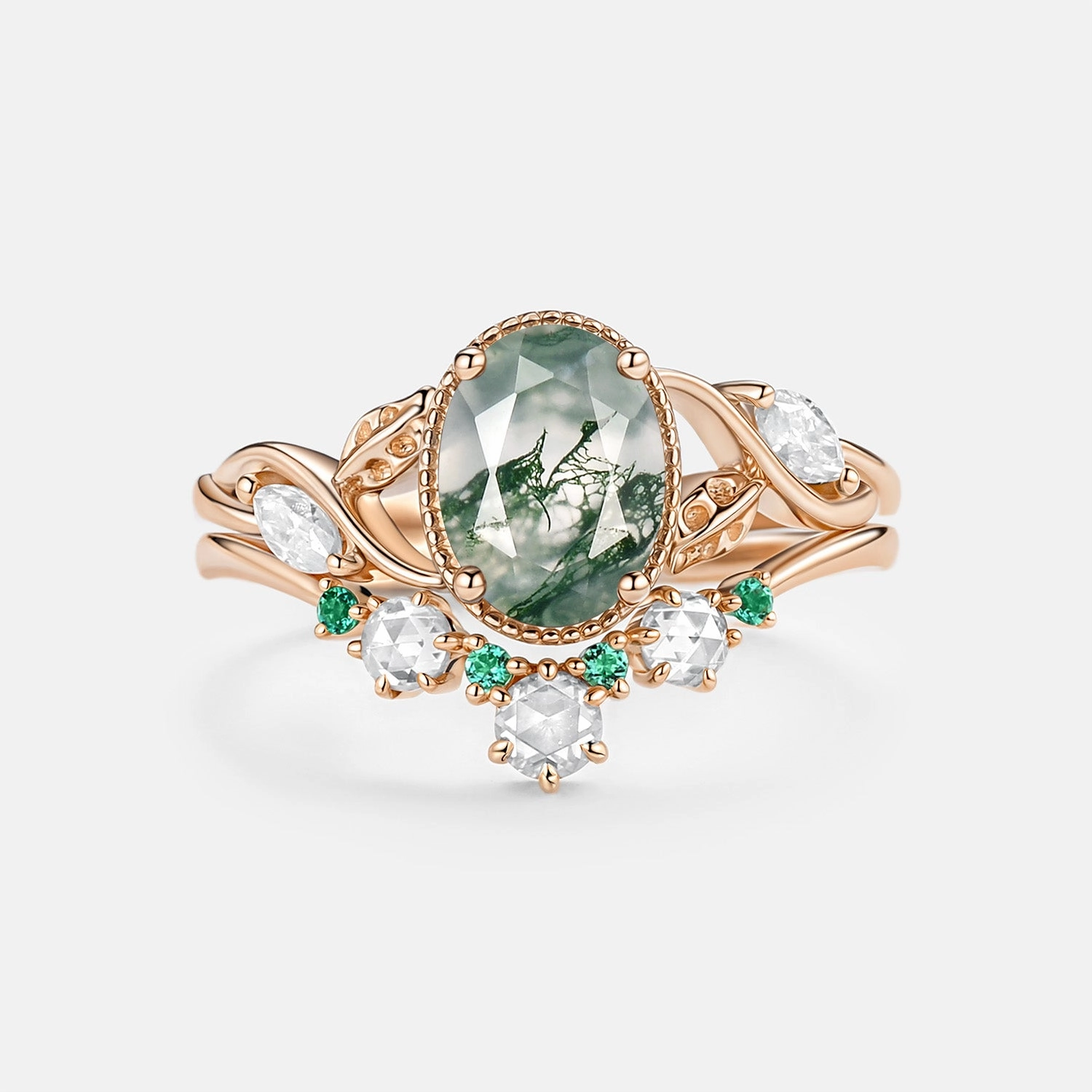 Moss Agate & Lab Emerald Oval Cut Leaf Ring Set 2pcs - Lora Alluring Style