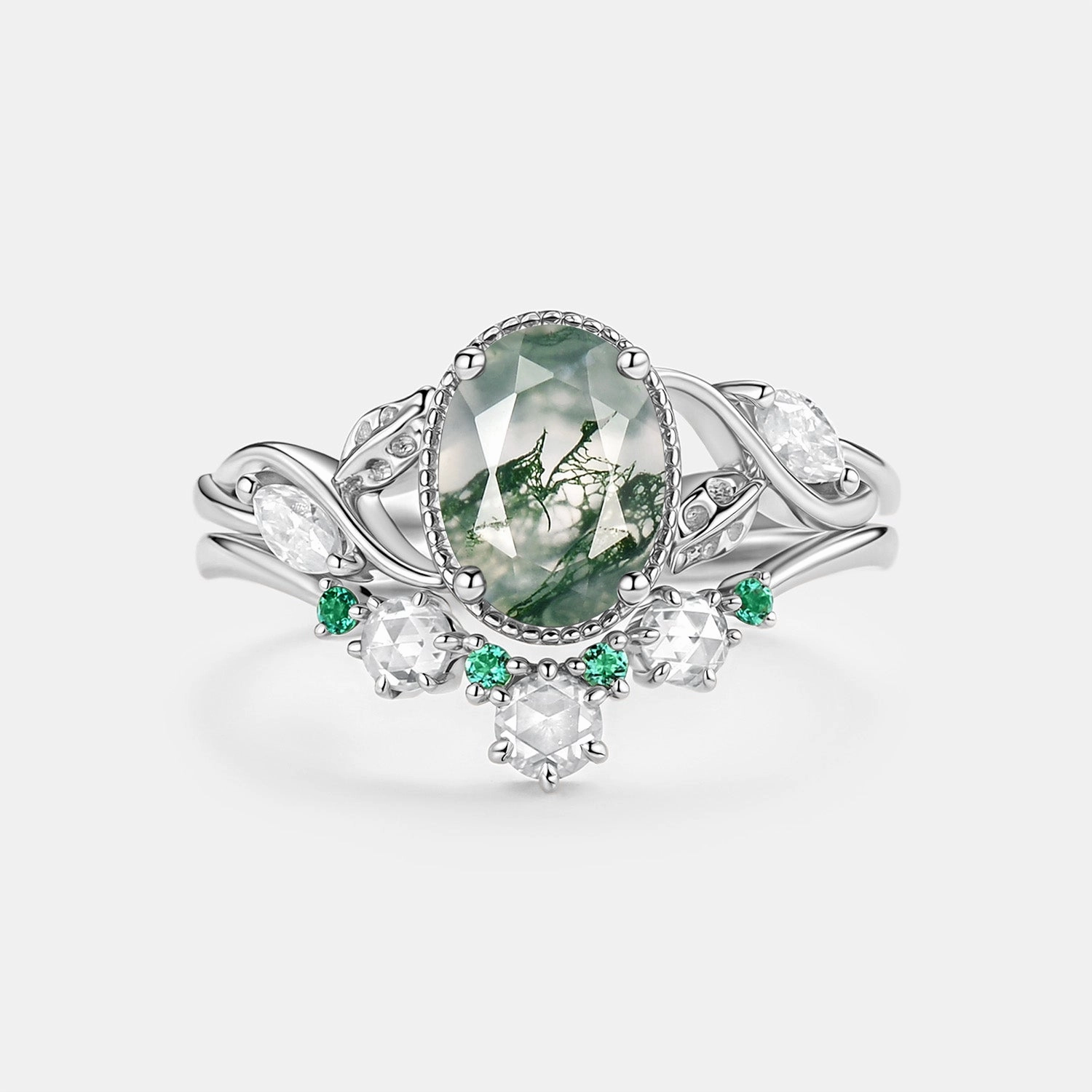 Elegant Style Modern Charm Moss Agate & Lab Emerald Oval Cut Leaf Ring Set 2pcs - Lora