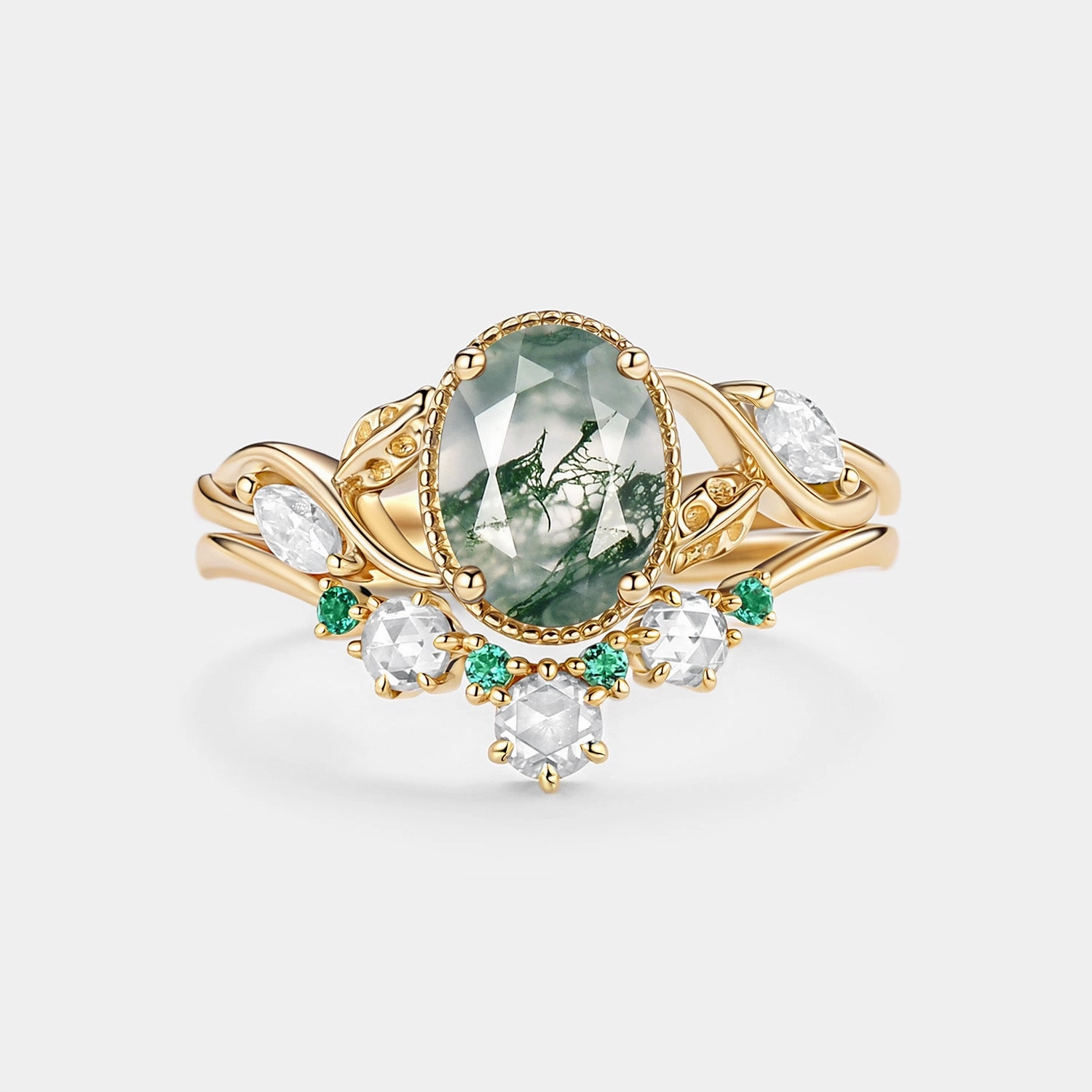 Moss Agate & Lab Emerald Oval Cut Leaf Ring Set 2pcs - Lora Soft Focus Glamorous Gem