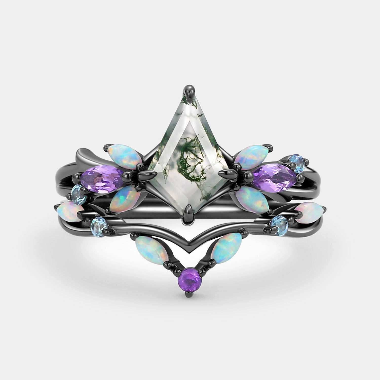 Moss Agate & Opal & Amethyst Unique Engagement Ring Set 2pcs - Bella Delicate Pair Style Statement