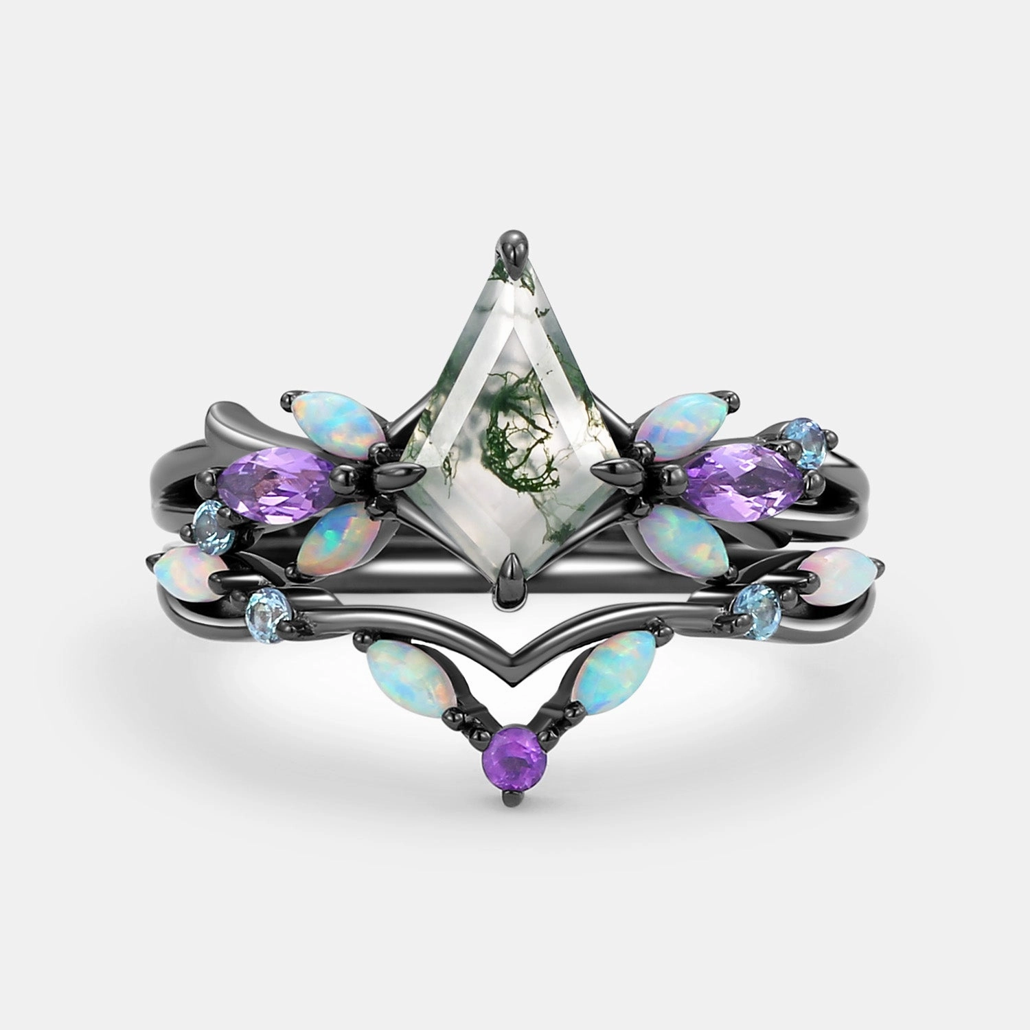 Brilliant Piece Moss Agate & Opal & Amethyst Unique Engagement Ring Set 2pcs - Bella