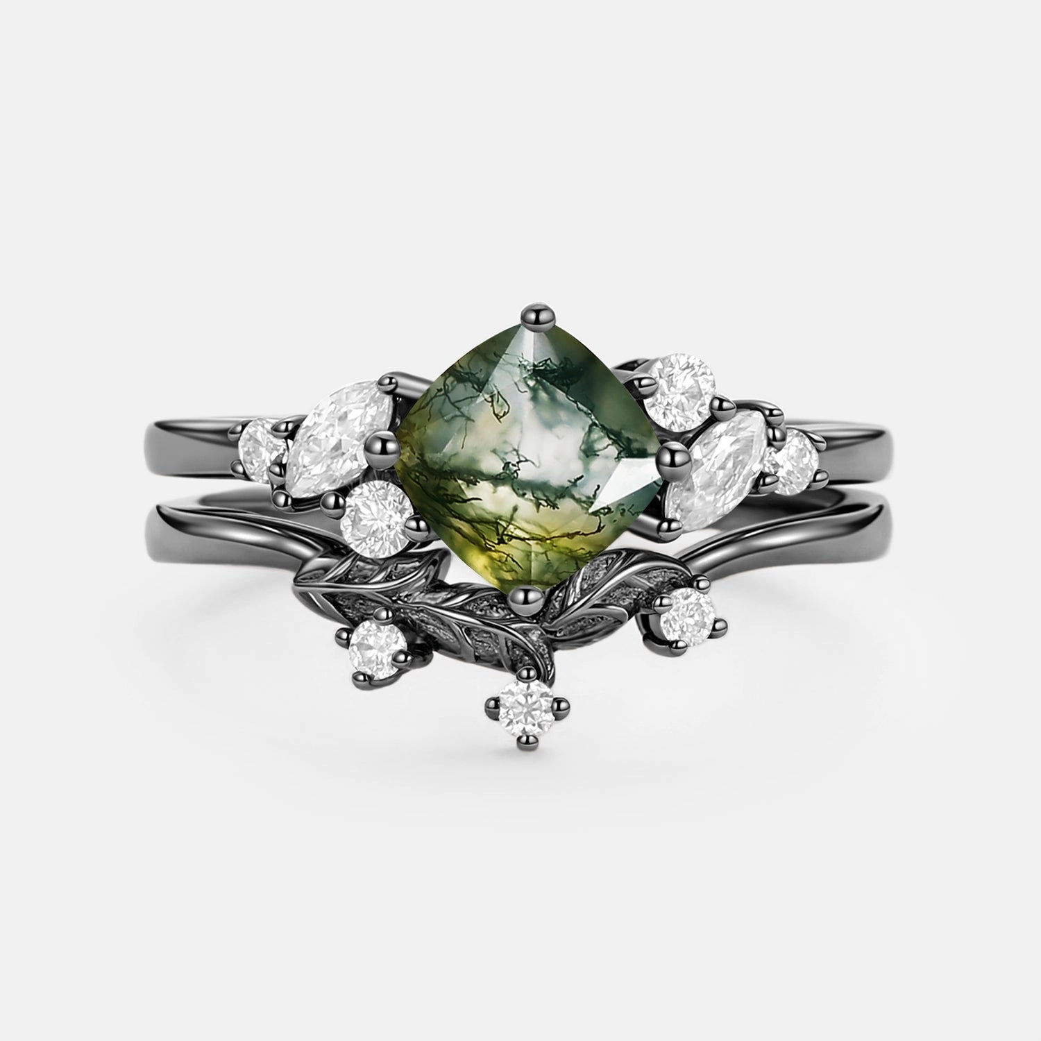 Shiny Design Precious Piece Moss Agate Cushion Cut Engagement Ring Set 2pcs - Glen