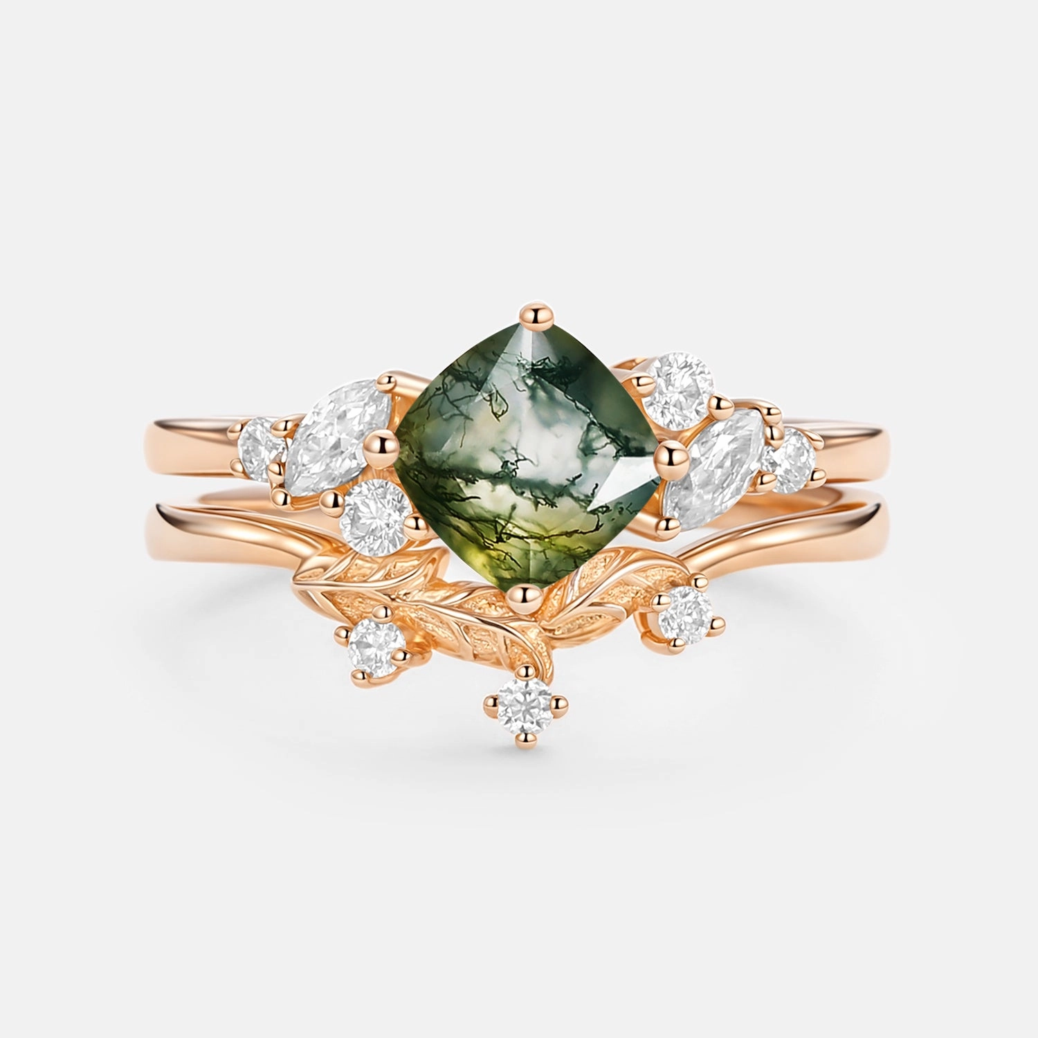 Moss Agate Cushion Cut Engagement Ring Set 2pcs - Glen Polished Highlights Fresh Pair