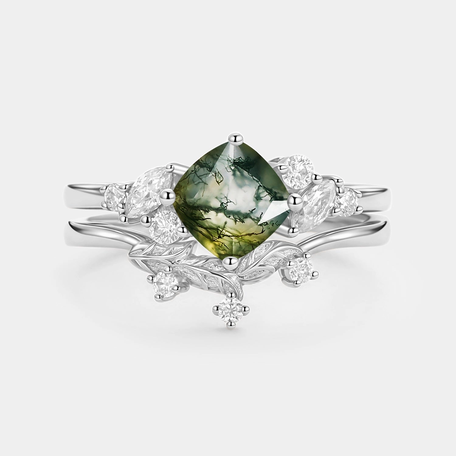 Artistic Creation Bright Detail Moss Agate Cushion Cut Engagement Ring Set 2pcs - Glen