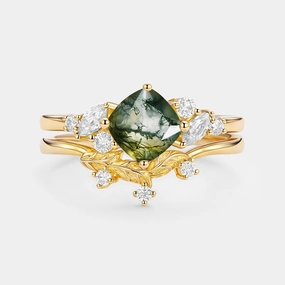 Signature Piece Delicate Beauty Moss Agate Cushion Cut Engagement Ring Set 2pcs - Glen