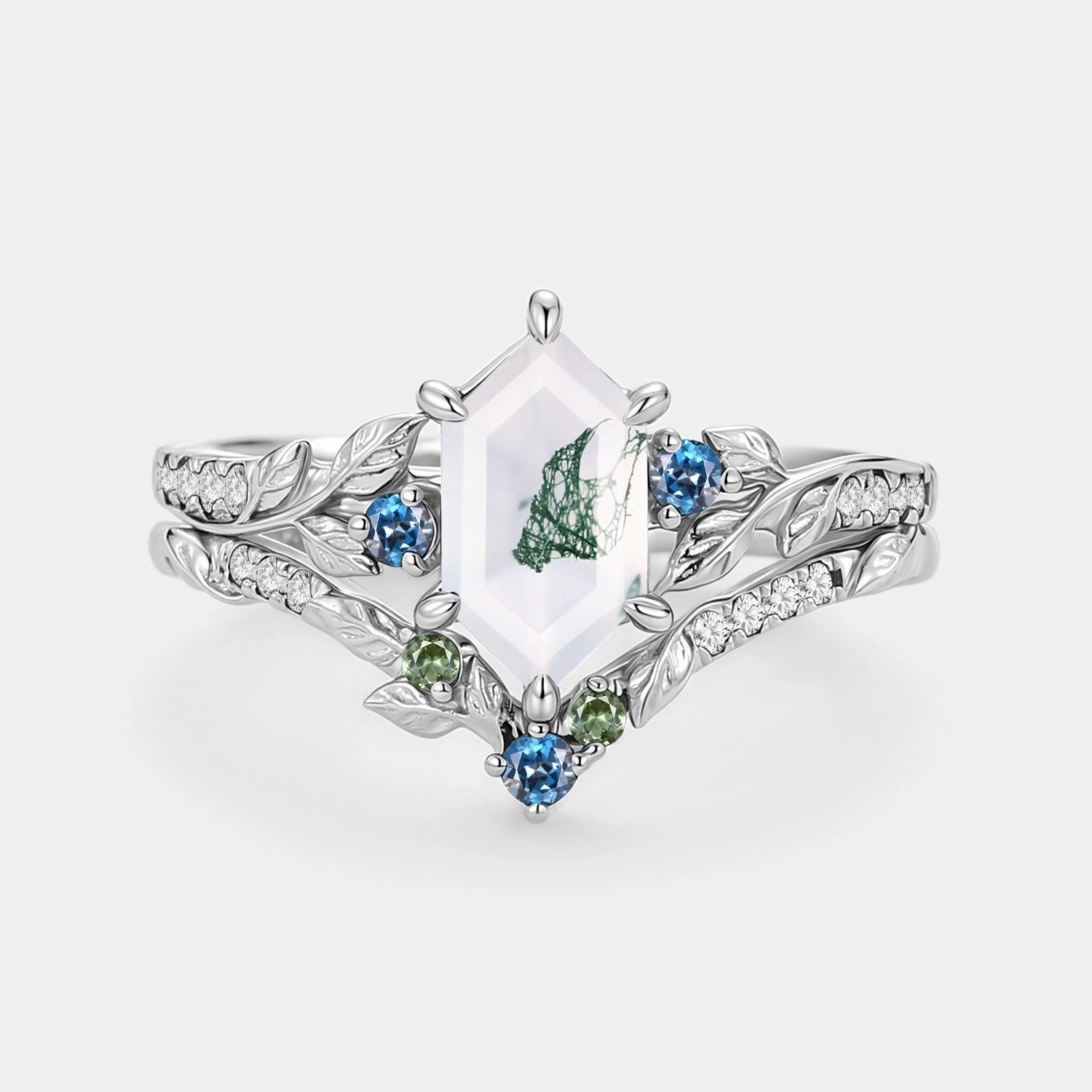 Luxury feature Elegant Treasures Moss Agate Elongated Hexagon Engagement Ring Set 2pcs - Azure