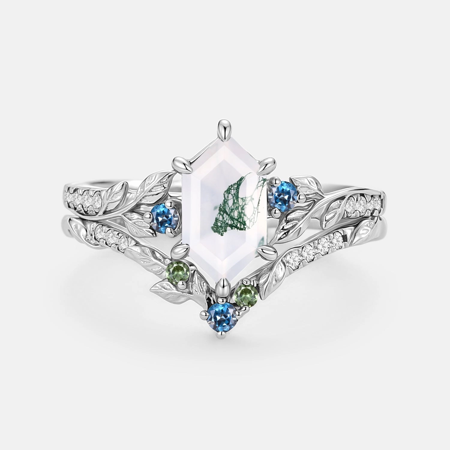 High-End Quality Moss Agate Elongated Hexagon Engagement Ring Set 2pcs - Azure