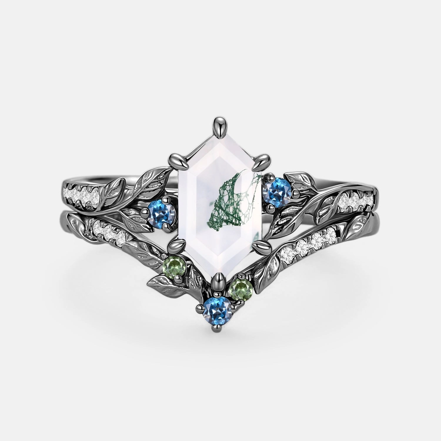 Unique Design Moss Agate Elongated Hexagon Engagement Ring Set 2pcs - Azure