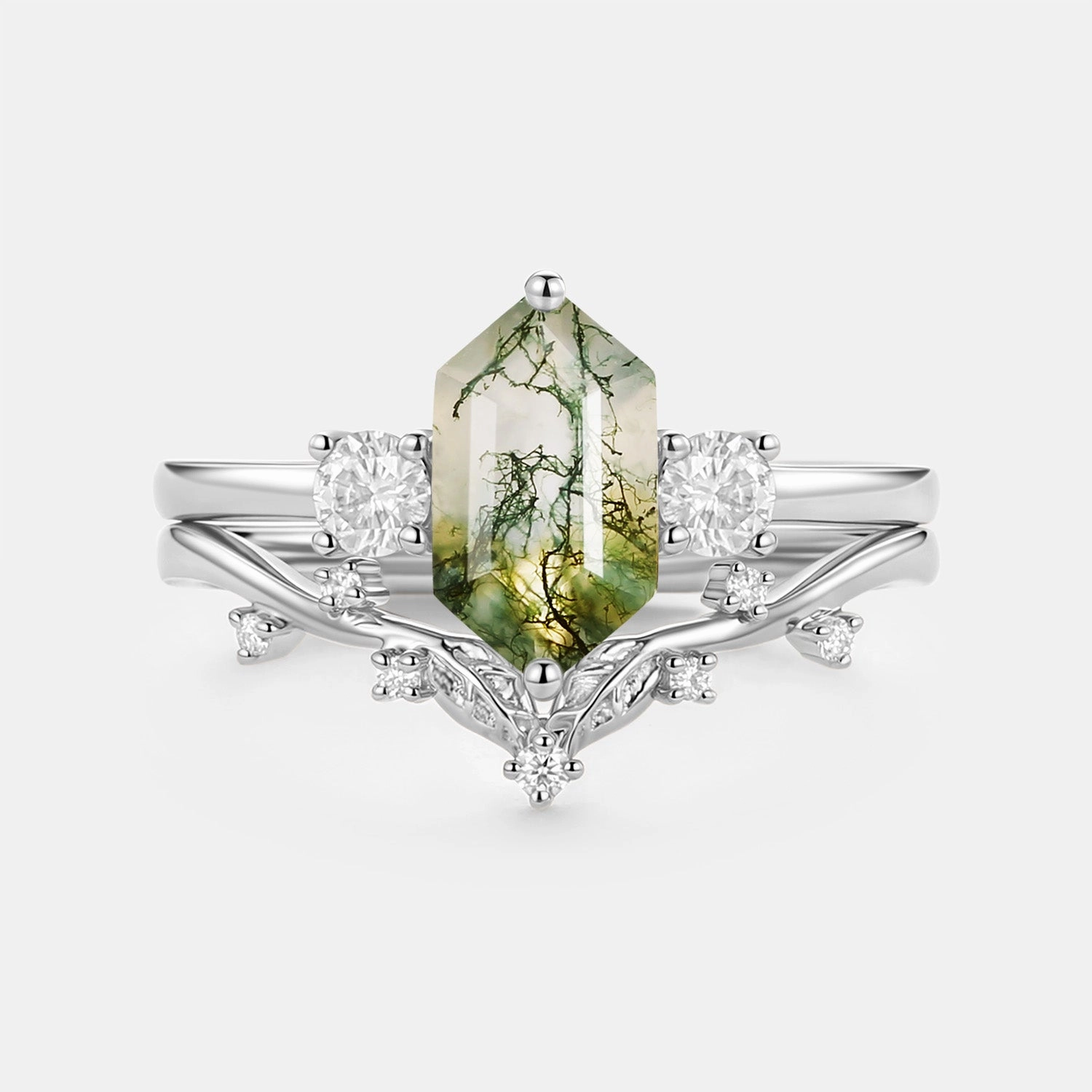 Moss Agate Elongated Hexagon Engagement Ring Set 2pcs - Sunny Daily Favorite Cozy Glow