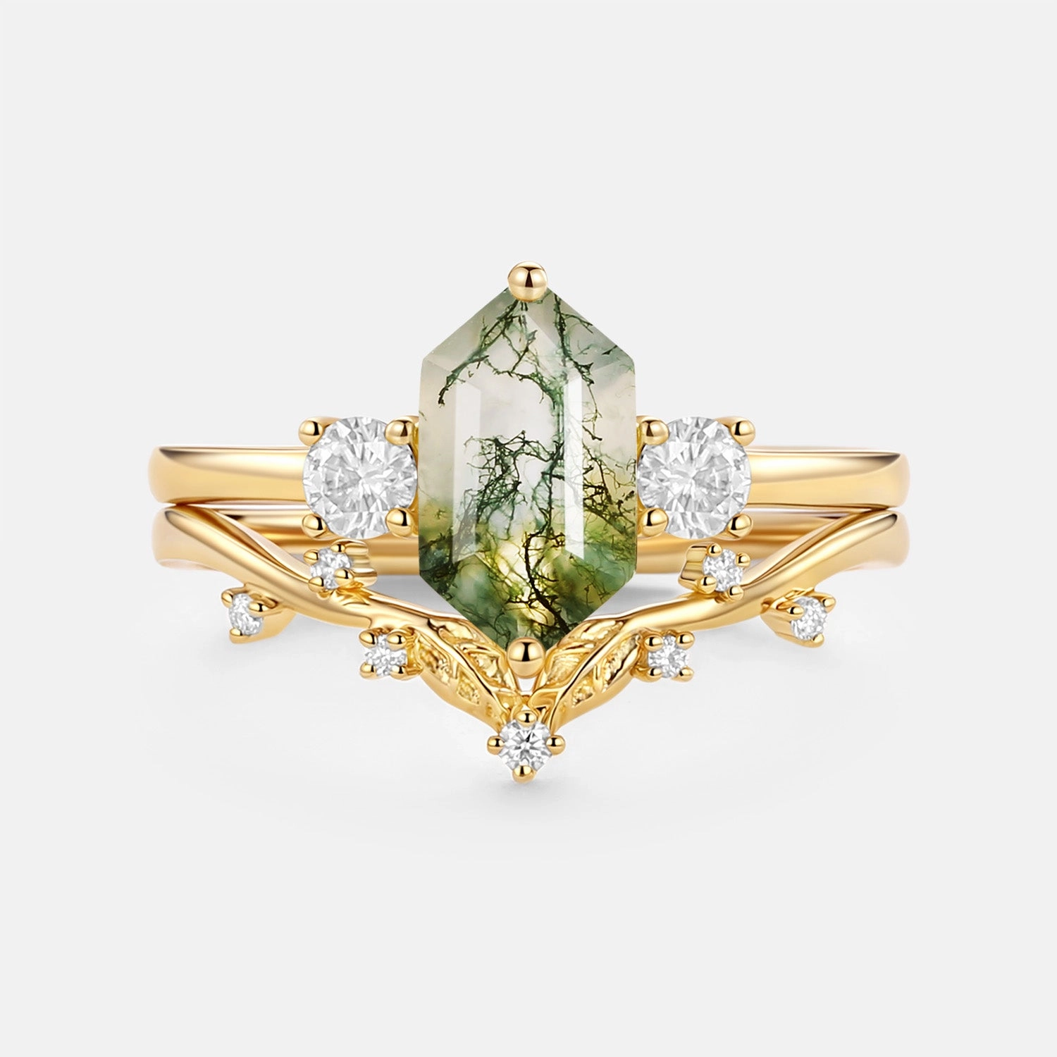 Warm Accent Charming Jewelry Design Moss Agate Elongated Hexagon Engagement Ring Set 2pcs - Sunny
