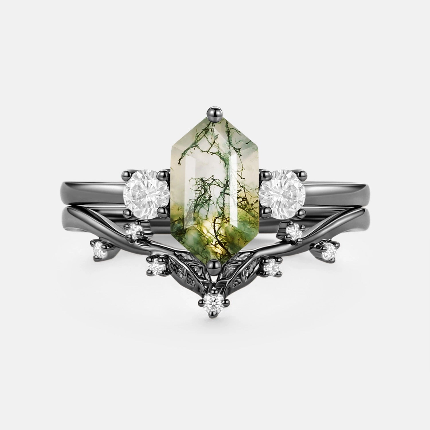 Soft Glam Moss Agate Elongated Hexagon Engagement Ring Set 2pcs - Sunny