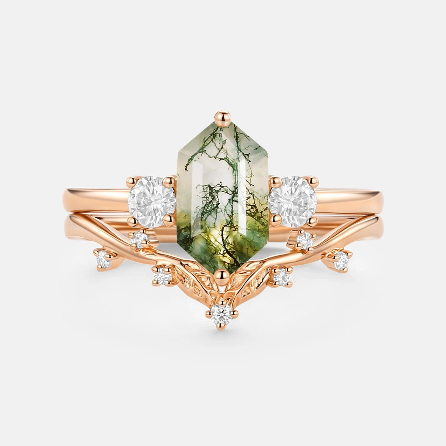 Custom Accessories High Polish Moss Agate Elongated Hexagon Engagement Ring Set 2pcs - Sunny