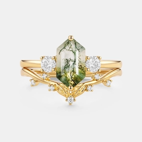 Warm Accent Charming Jewelry Design Moss Agate Elongated Hexagon Engagement Ring Set 2pcs - Sunny