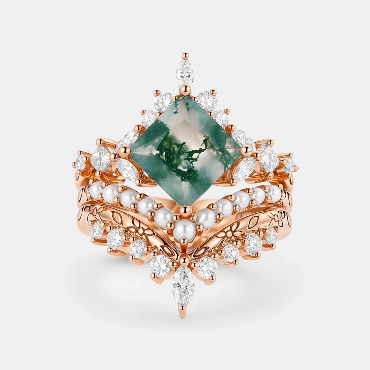 Shining Accent Moss Agate Engraved Princess Cut Cluster Engagement Ring Set 3pcs - Penny