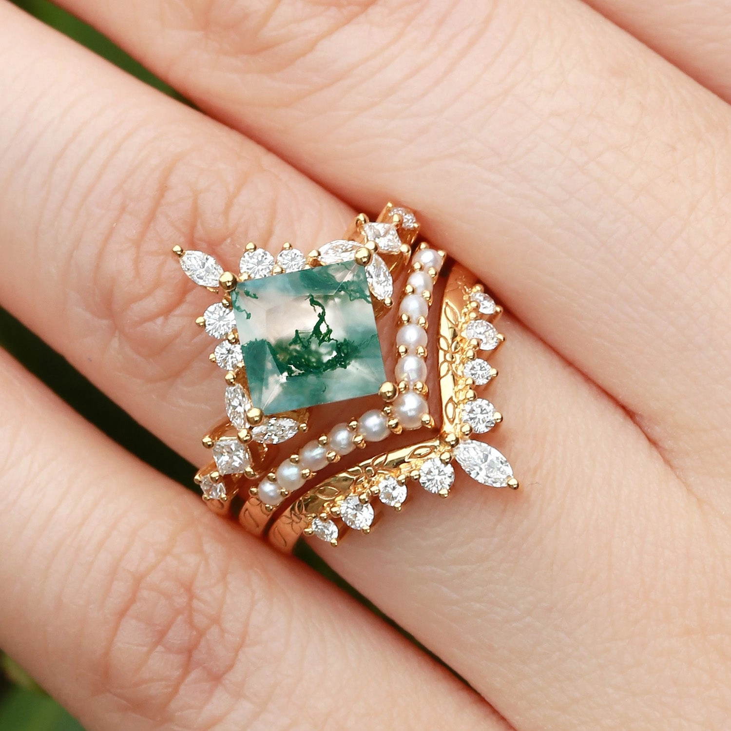 Fashion Pop Refined Flow Moss Agate Engraved Princess Cut Cluster Engagement Ring Set 3pcs - Penny