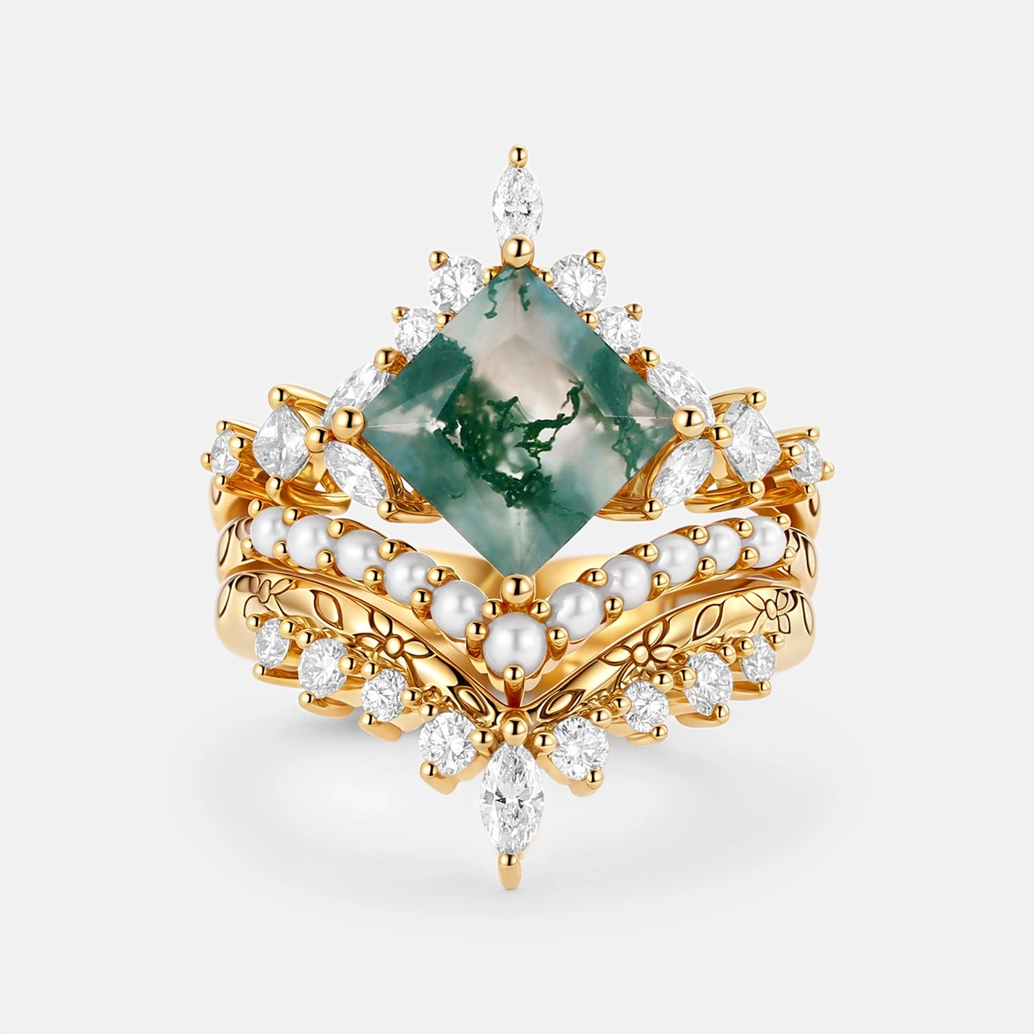 Moss Agate Engraved Princess Cut Cluster Engagement Ring Set 3pcs - Penny Vibrant Finish