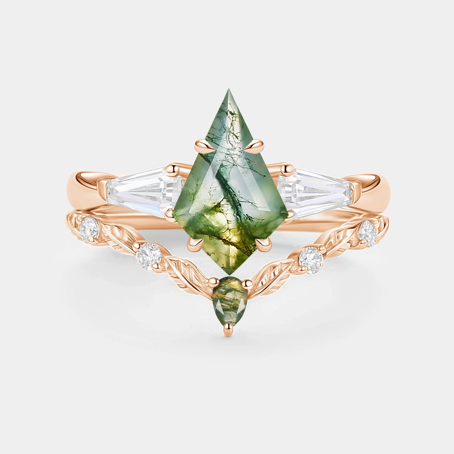 Moss Agate Kite Cut Three Stone Engagement Ring Set 2pcs - Bryce Radiant Charm