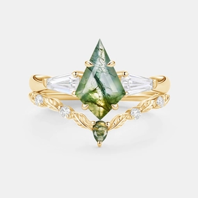 Chic Design Fashionable Detail Moss Agate Kite Cut Three Stone Engagement Ring Set 2pcs - Bryce