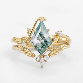 Effortless Charm Moss Agate Kite Cut Vine Engagement Ring Set 2pcs - Twigs