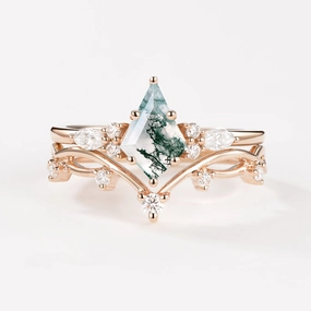 Glamour Effect Moss Agate Leafy Cluster Engagement Ring Sets 2pcs