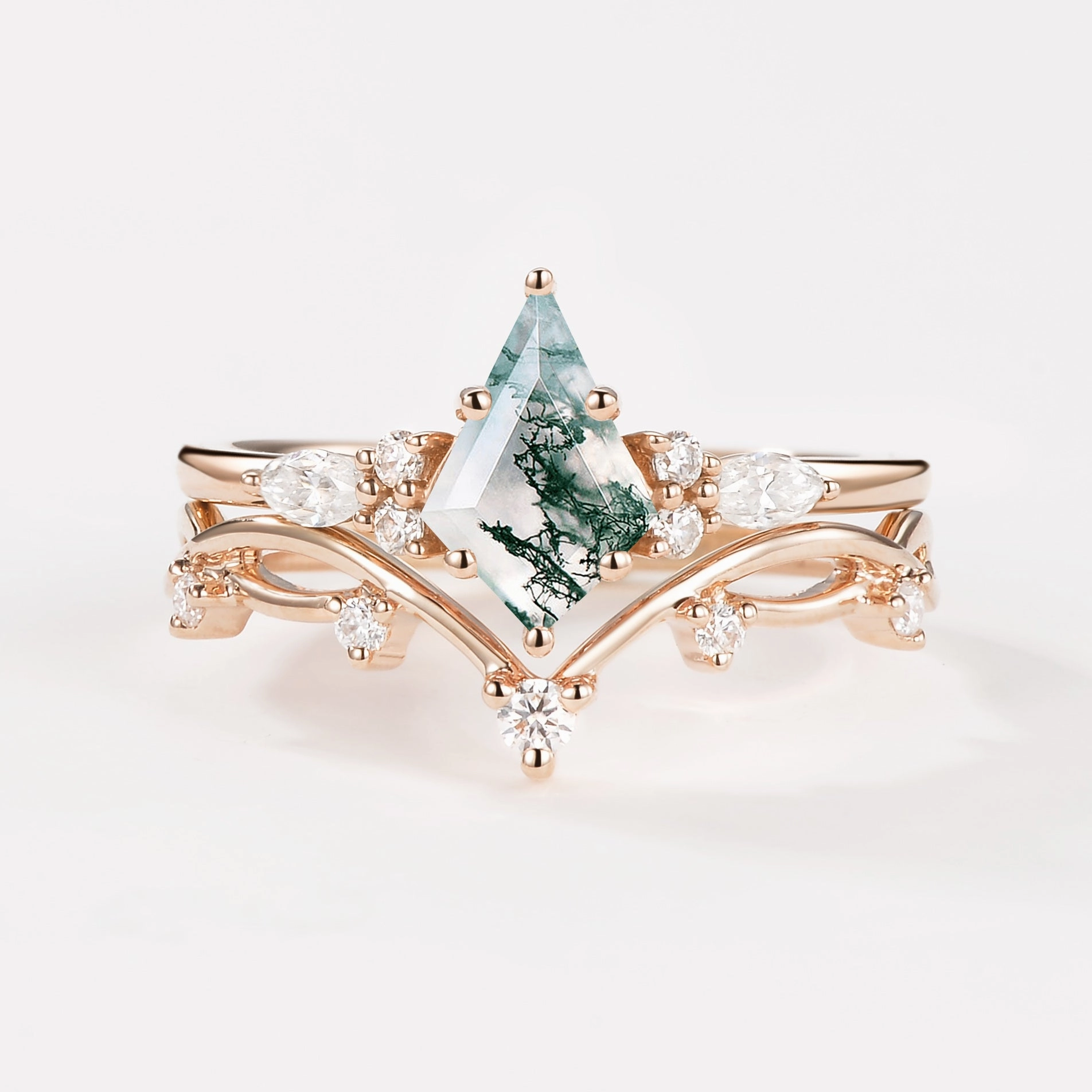 Glamour Effect Moss Agate Leafy Cluster Engagement Ring Sets 2pcs