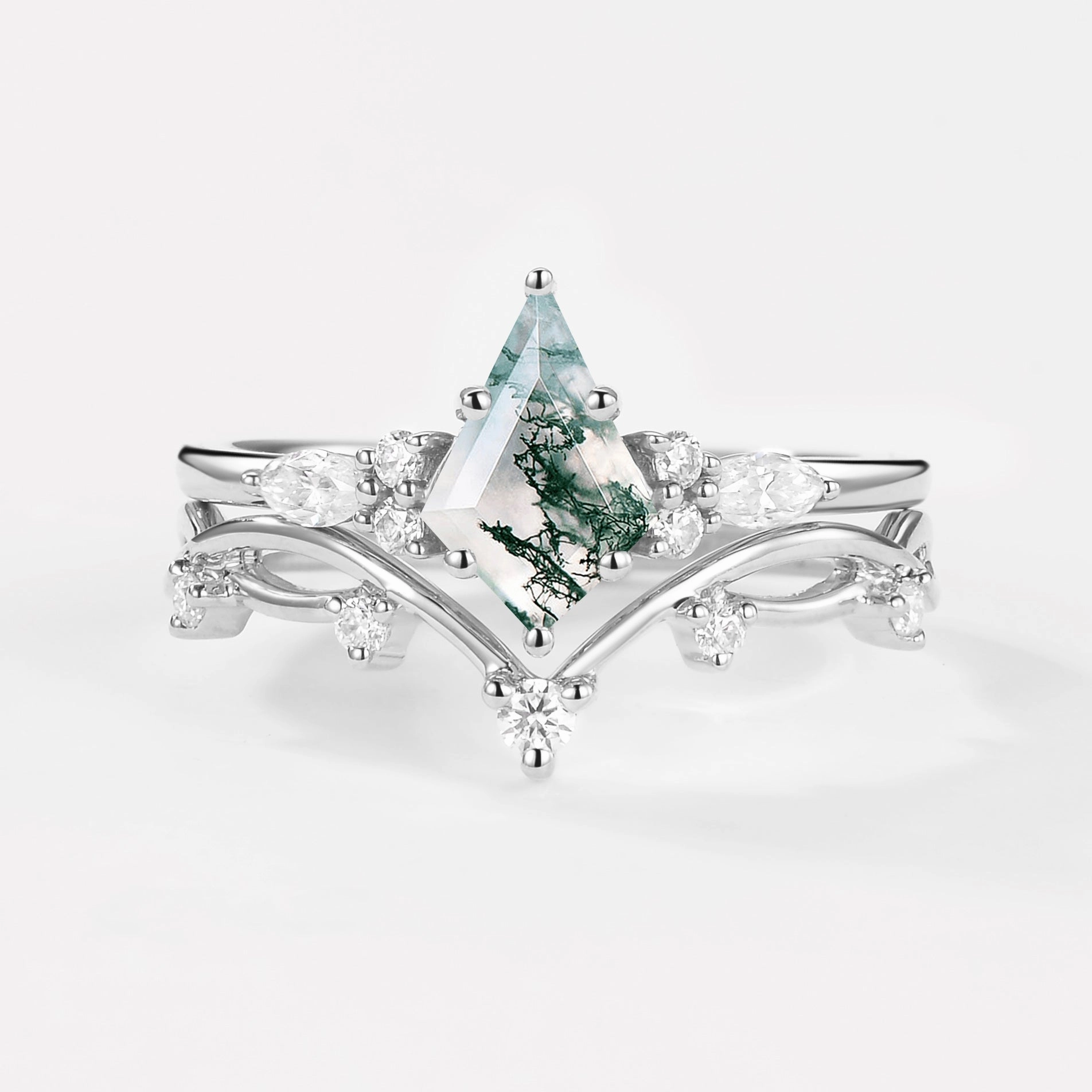 Classic Duo Premium Highlight Moss Agate Leafy Cluster Engagement Ring Sets 2pcs