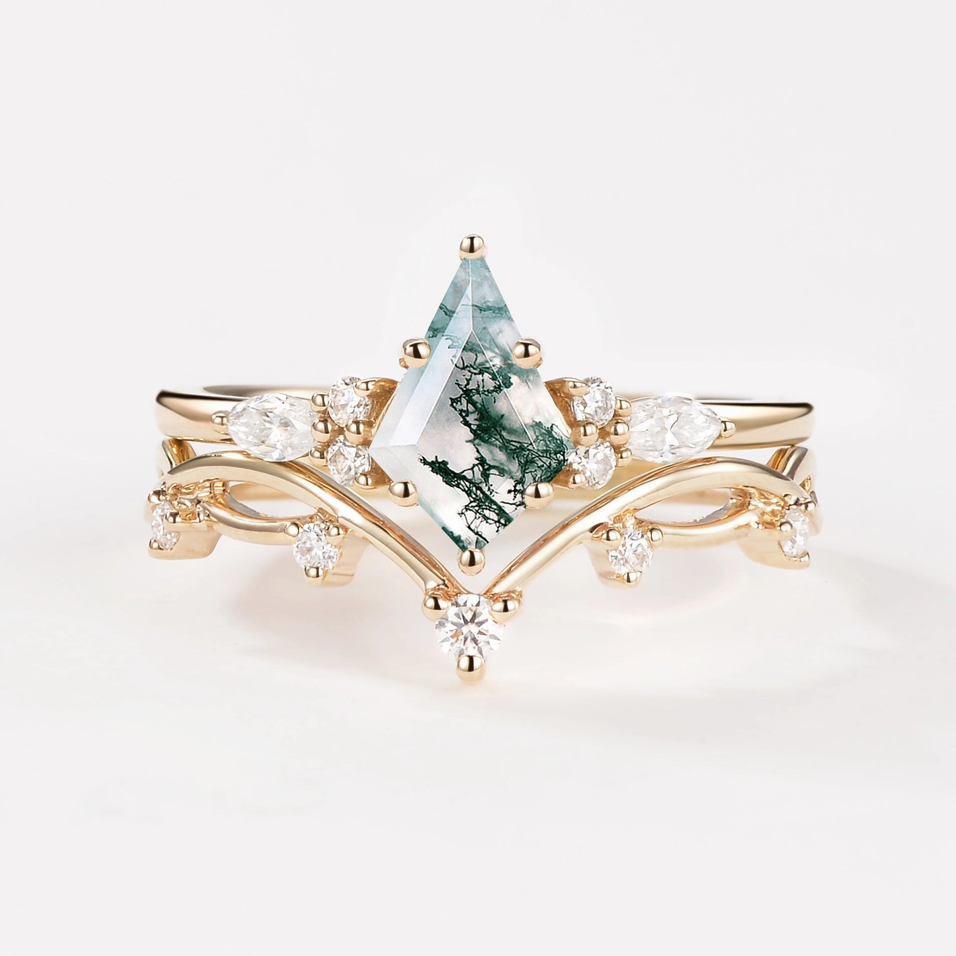 Moss Agate Leafy Cluster Engagement Ring Sets 2pcs Artistic Edge