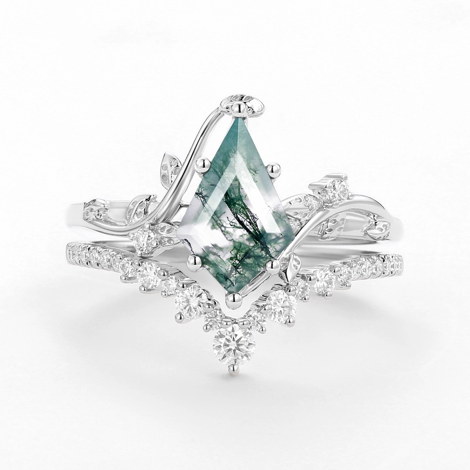 Moss Agate Leafy Kite Cut White Gold Cluster Engagement Ring Sets 2pcs Personal Shine Luxury Fashion