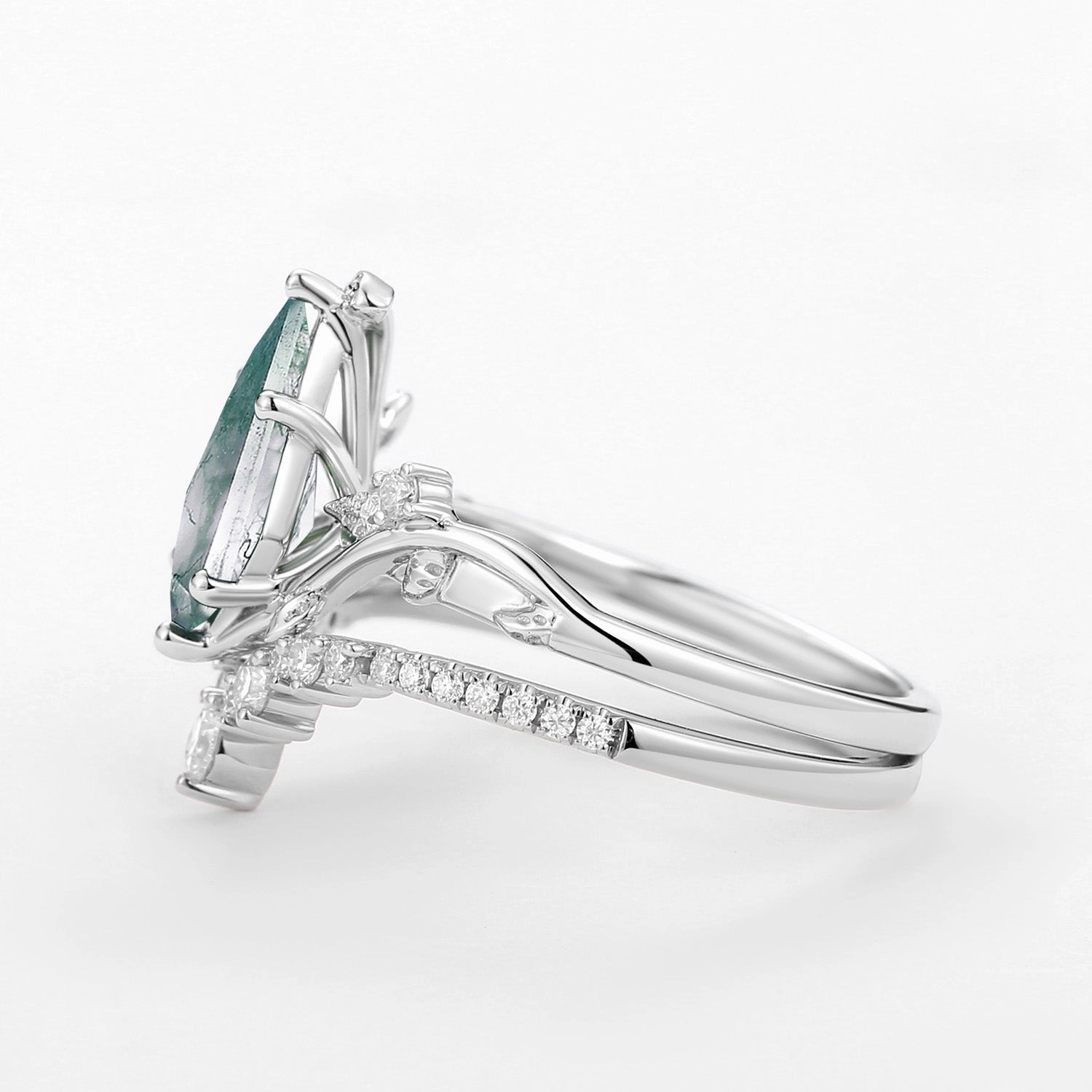 Moss Agate Leafy Kite Cut White Gold Cluster Engagement Ring Sets 2pcs Everyday Finish Accent Style