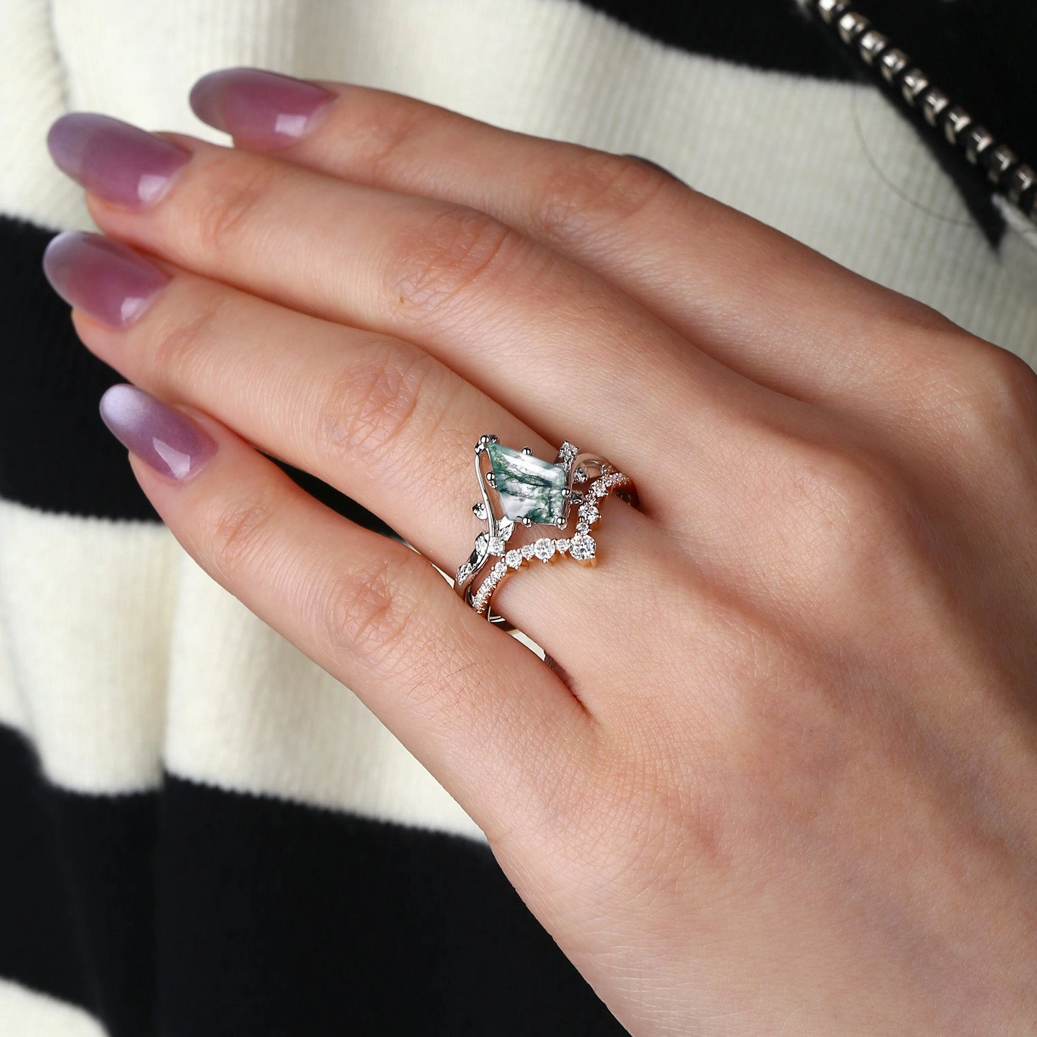 Fashionable Accent Moss Agate Leafy Kite Cut White Gold Cluster Engagement Ring Sets 2pcs