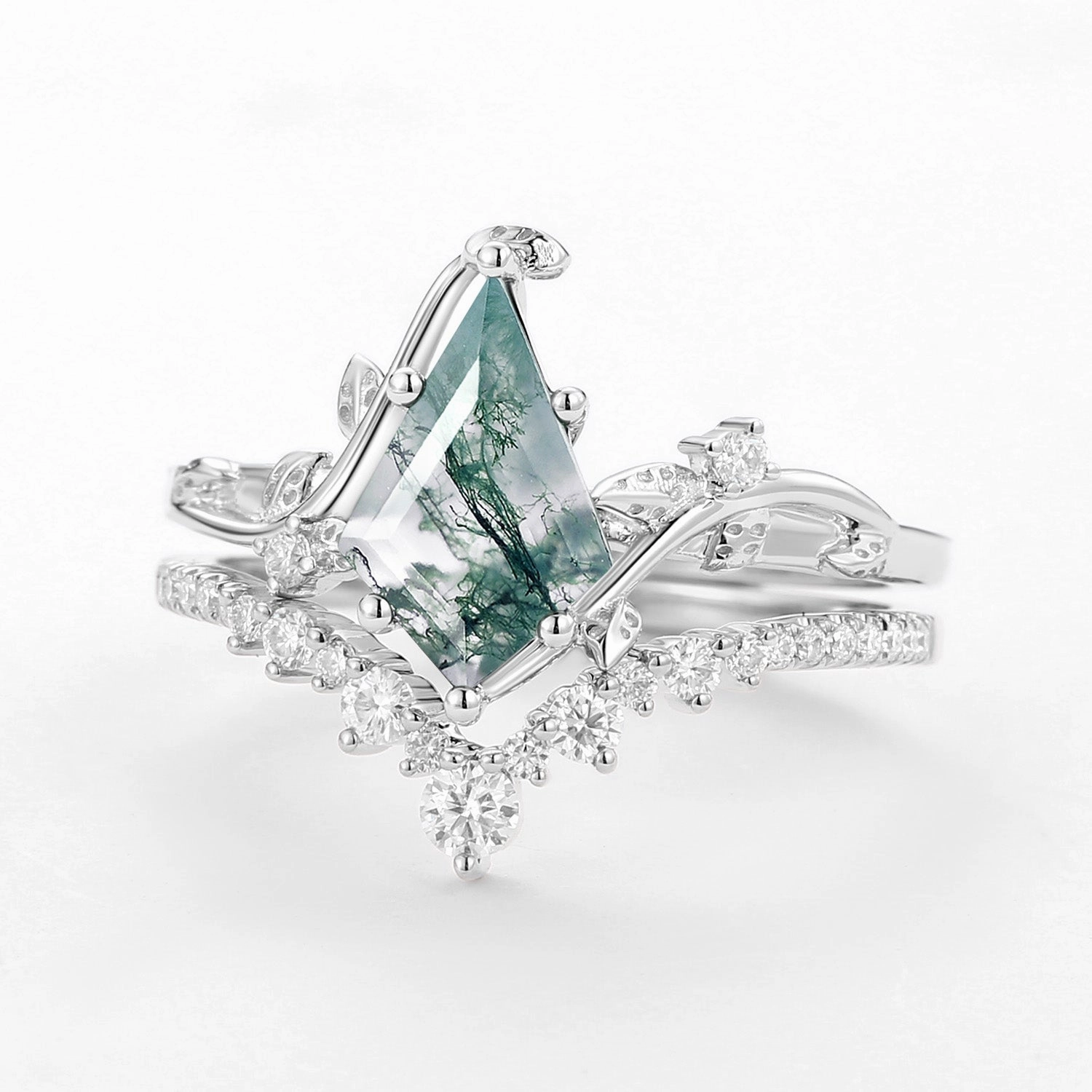 Outdoor Light Shining Gem Moss Agate Leafy Kite Cut White Gold Cluster Engagement Ring Sets 2pcs