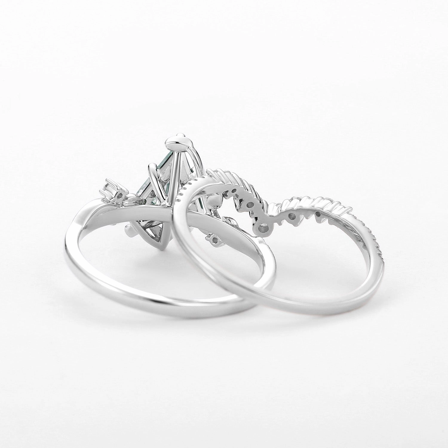 Glossy Finish Moss Agate Leafy Kite Cut White Gold Cluster Engagement Ring Sets 2pcs