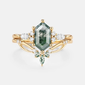Opulent Sparkle Soft Features Moss Agate Long Hexagon Vintage Vine Engagement Ring Set 2pcs - Nyssa