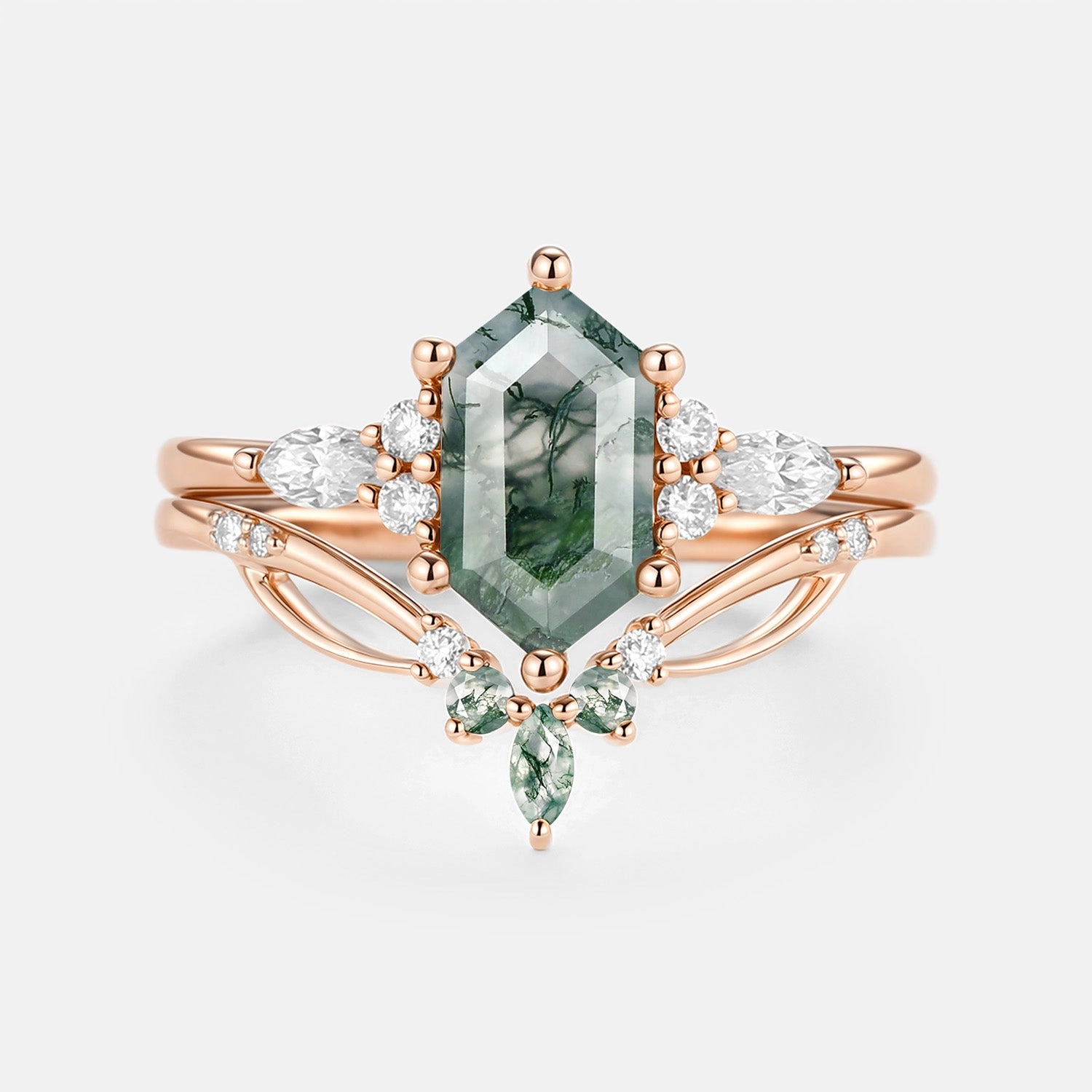 Handmade pieces Shiny Details Moss Agate Long Hexagon Vintage Vine Engagement Ring Set 2pcs - Nyssa