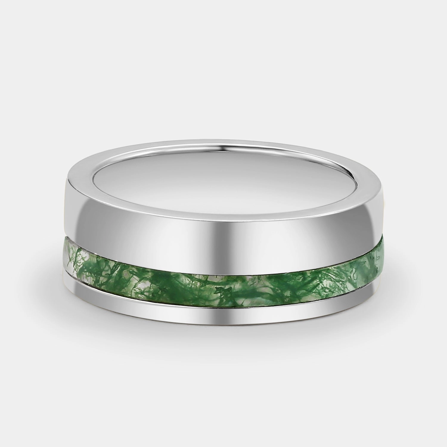 Moss Agate Minimalist Inlay Couple Men's Wedding Band Handcrafted Highlight