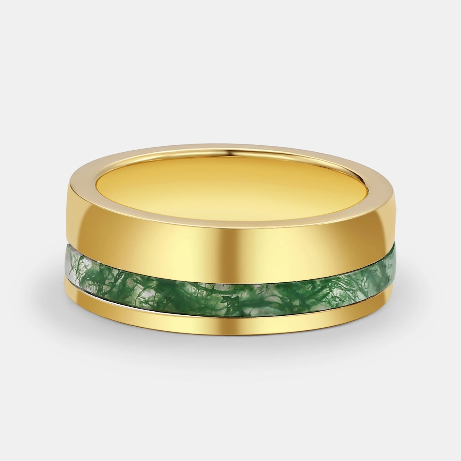 Neutral Tone Trendy Detail Moss Agate Minimalist Inlay Couple Men's Wedding Band