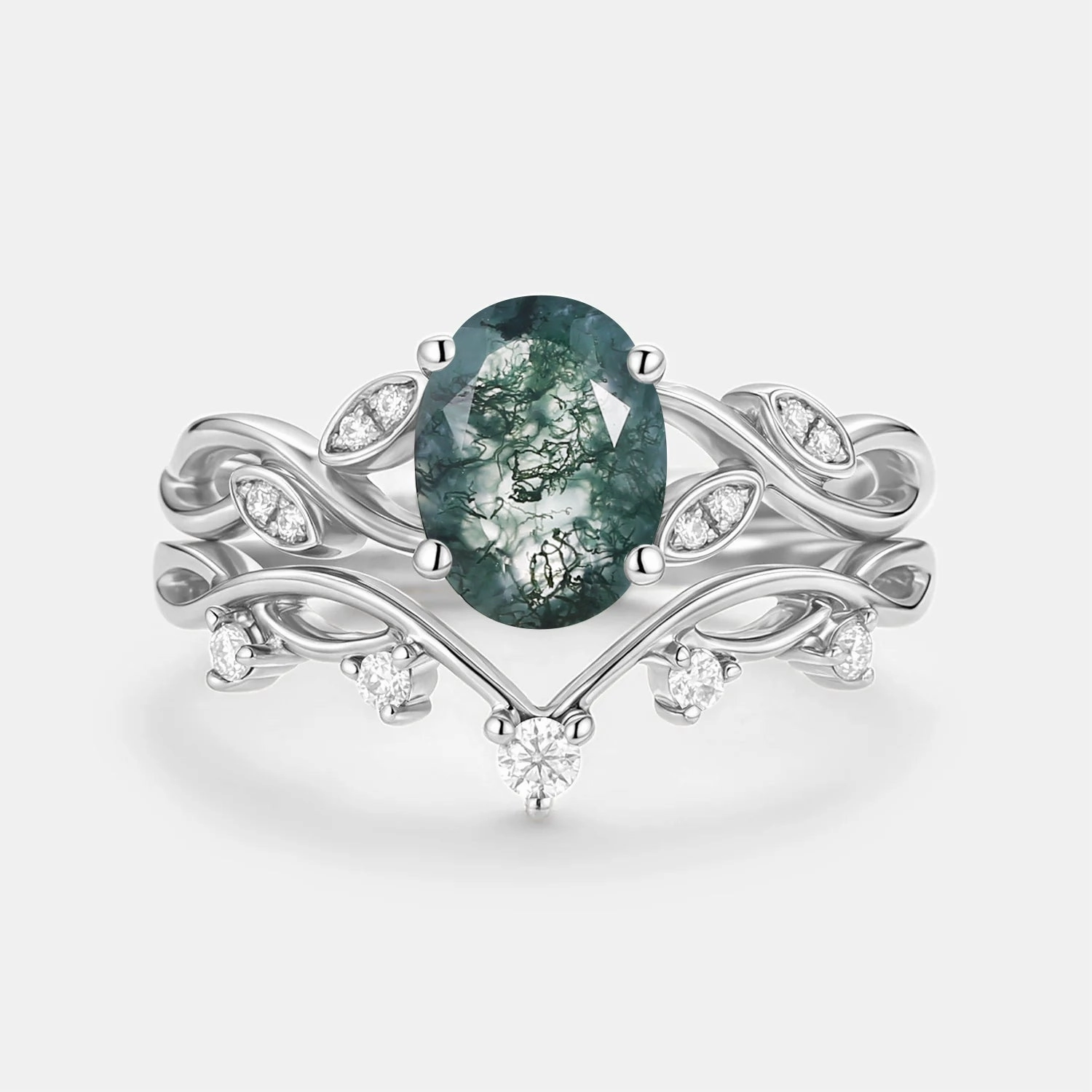Dazzling Look Shining Design Moss Agate Oval Cut Leaf Ring Set 2pcs - Eiryn
