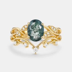 Moss Agate Oval Cut Leaf Ring Set 2pcs - Eiryn Pretty Accent Elegant Gifts