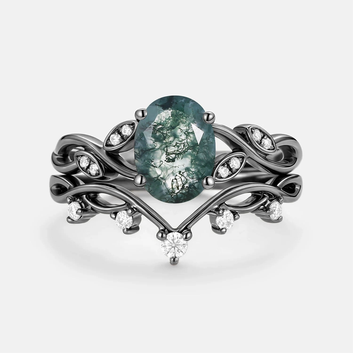 Moss Agate Oval Cut Leaf Ring Set 2pcs - Eiryn Fashion Look Dressed Up Look