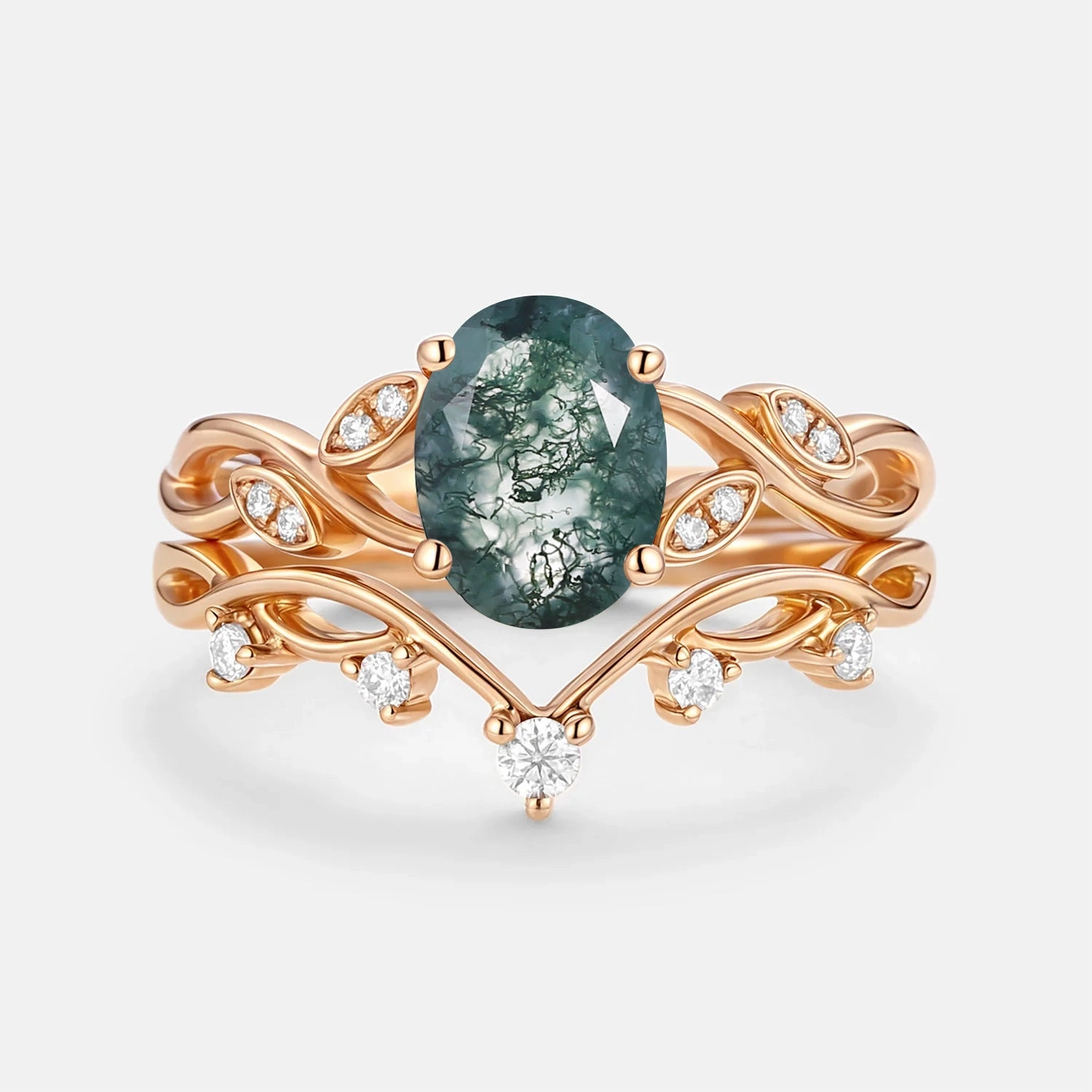 Clean Spark Moss Agate Oval Cut Leaf Ring Set 2pcs - Eiryn