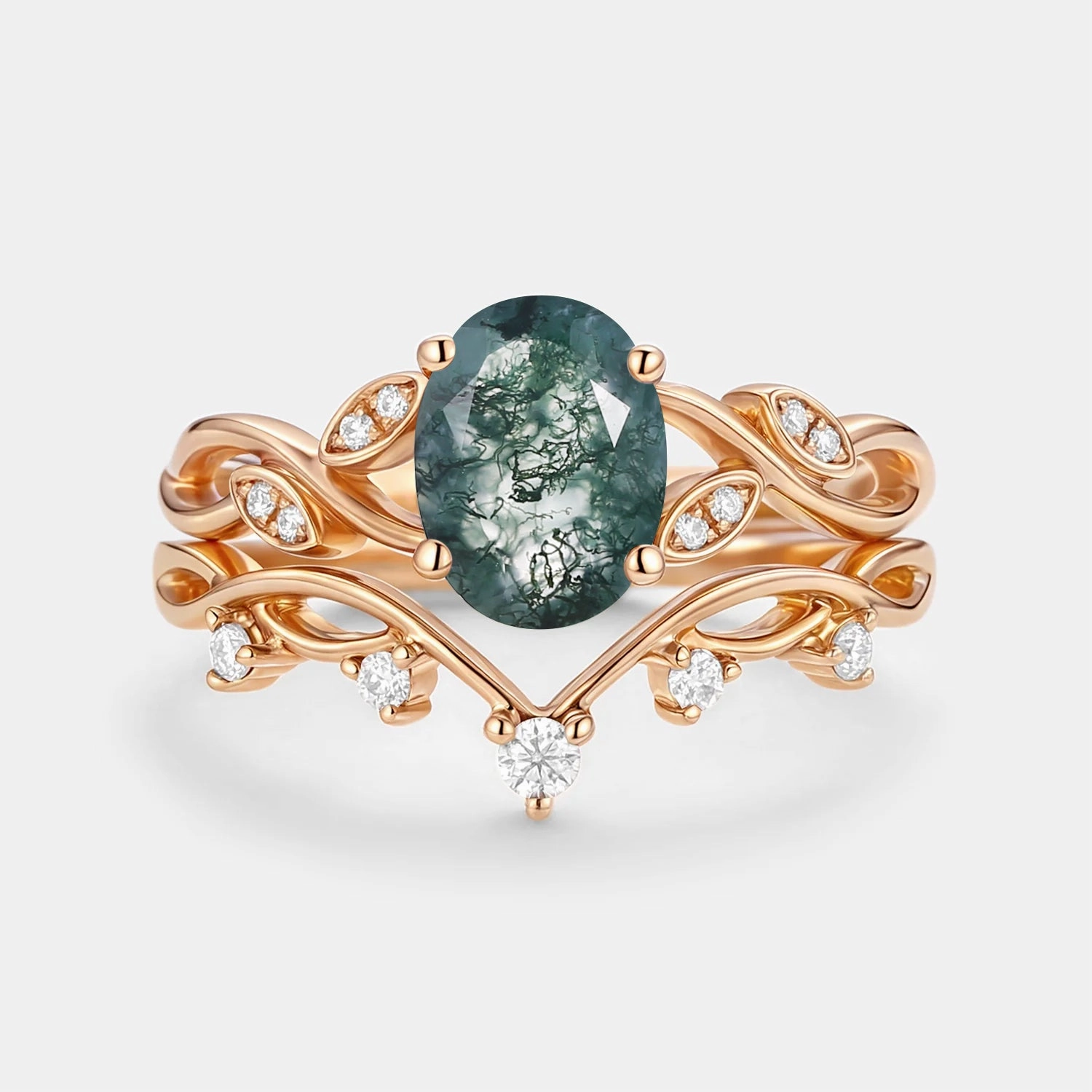 Moss Agate Oval Cut Leaf Ring Set 2pcs - Eiryn Birthday Present