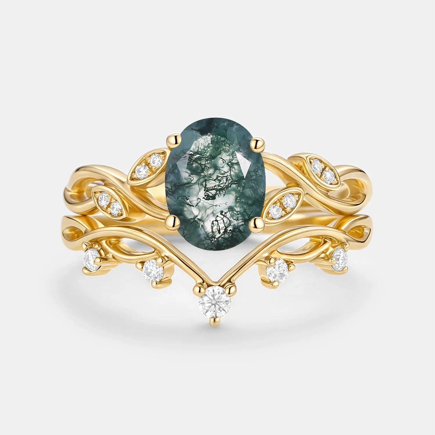Moss Agate Oval Cut Leaf Ring Set 2pcs - Eiryn Pretty Accent Elegant Gifts