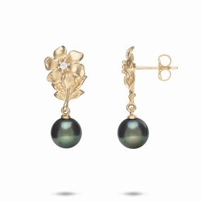 N????? Tahitian Black Pearl Earrings in Gold with Diamonds - 8-9mm Evening Ready Trendy Edge