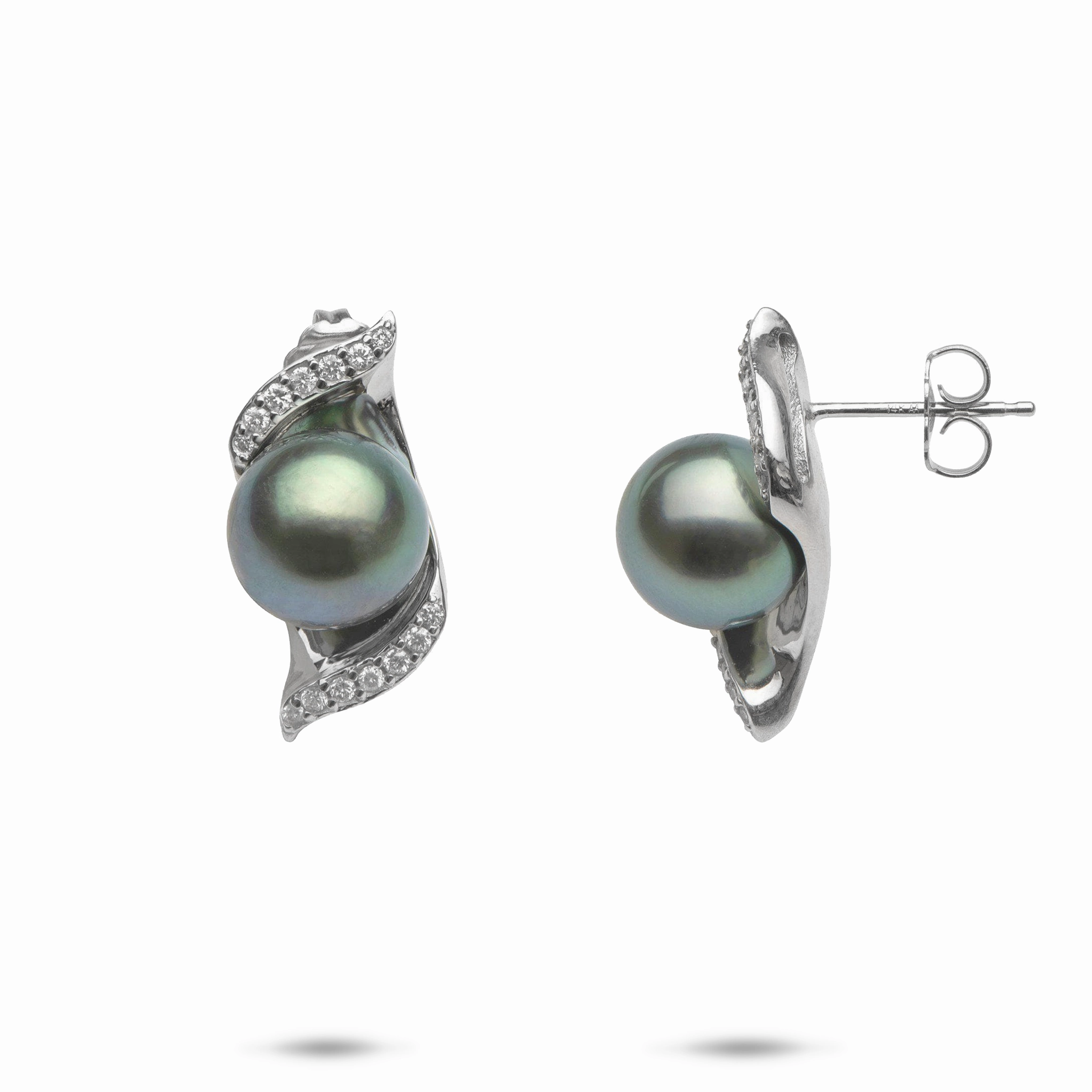 Nalu Tahitian Black Pearl Earrings in White Gold with Diamonds - 9-10mm Sparkling Option Substantial Accent