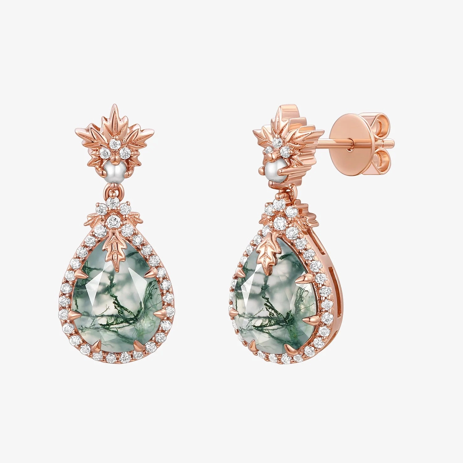 Natural Moss Agate & Pearl Vintage Inspired Yellow Gold Earrings Rustic Accessory Classic Style